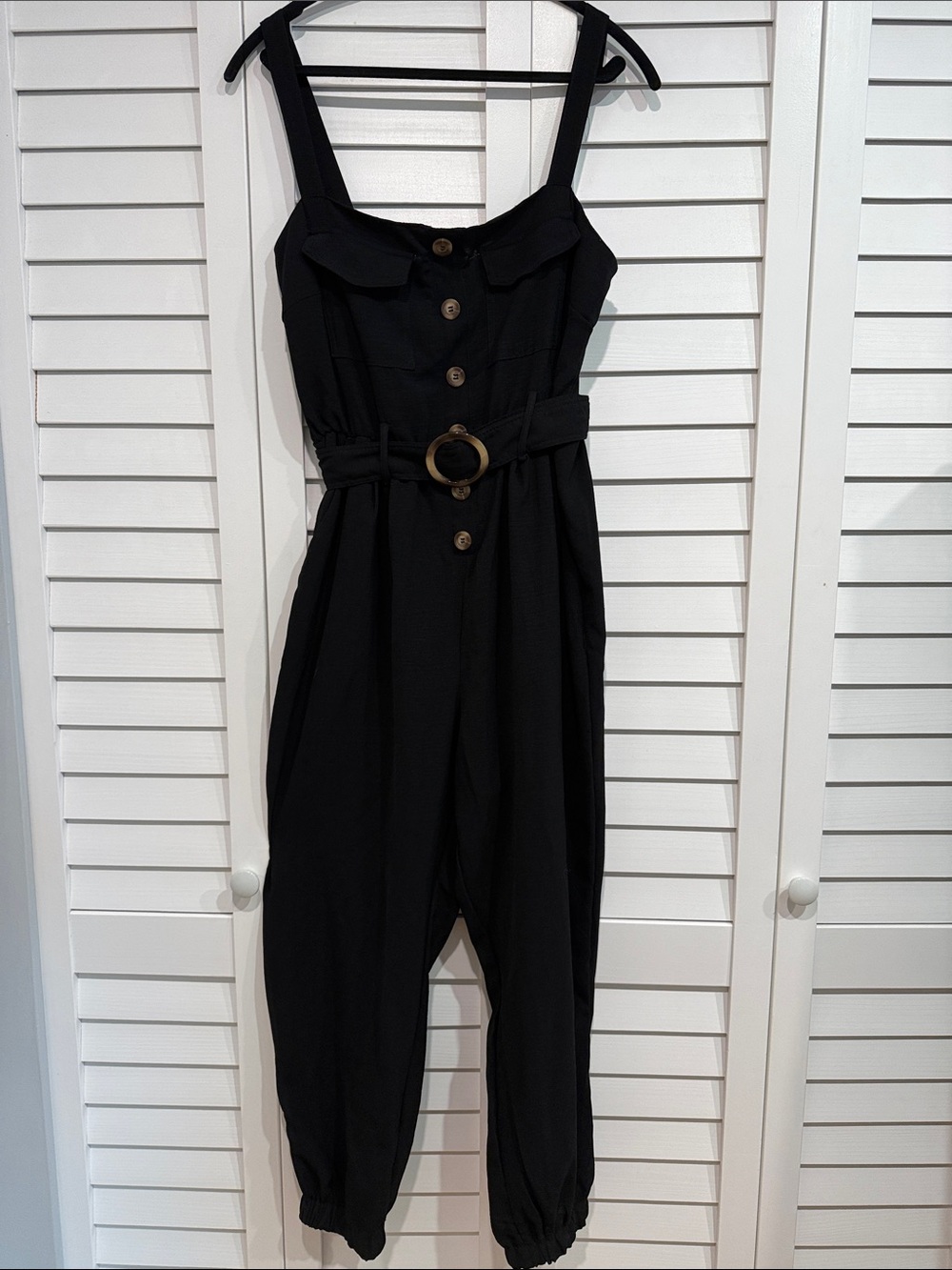 As U Wish Black Button-Front Jumpsuit with Round Buckle Belt